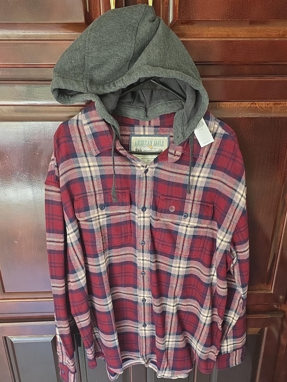 American Eagle Red Plaid Hooded Flannel Shirt